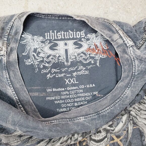 UHL STUDIOS MENS FORBIDDEN SKULL T-SHIRT FADED BLACK GRAPHIC TEE BIKER SZ 2XL - Picture 3 of 9